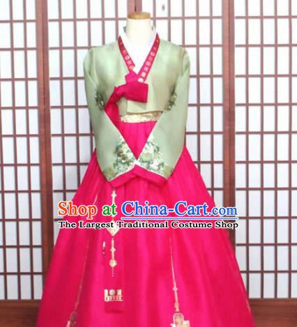 Korean Traditional Garment Hanbok Light Green Blouse and Rosy Dress Outfits Asian Korea Fashion Costume for Women