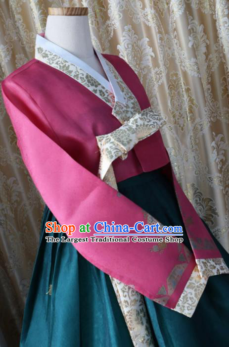 Korean Traditional Garment Hanbok Wine Red Blouse and Green Dress Outfits Asian Korea Fashion Costume for Women