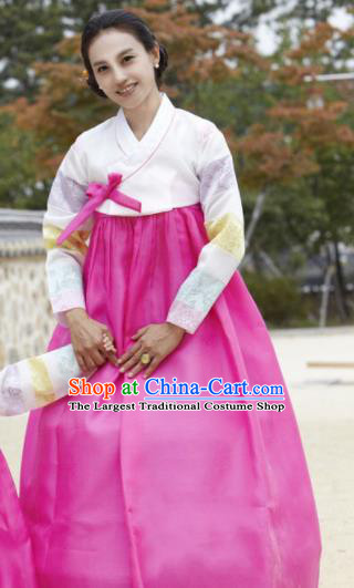 Korean Traditional Garment Hanbok White Blouse and Rosy Dress Outfits Asian Korea Fashion Costume for Women