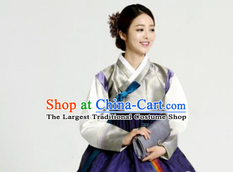 Korean Traditional Bride Garment Hanbok Grey Satin Blouse and Purple Dress Outfits Asian Korea Fashion Costume for Women