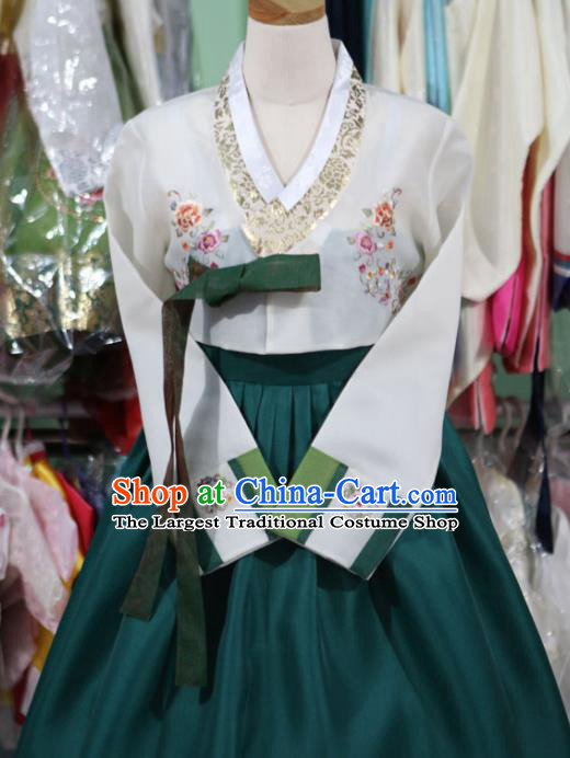 Korean Traditional Bride Garment Hanbok Embroidered White Blouse and Green Dress Outfits Asian Korea Fashion Costume for Women