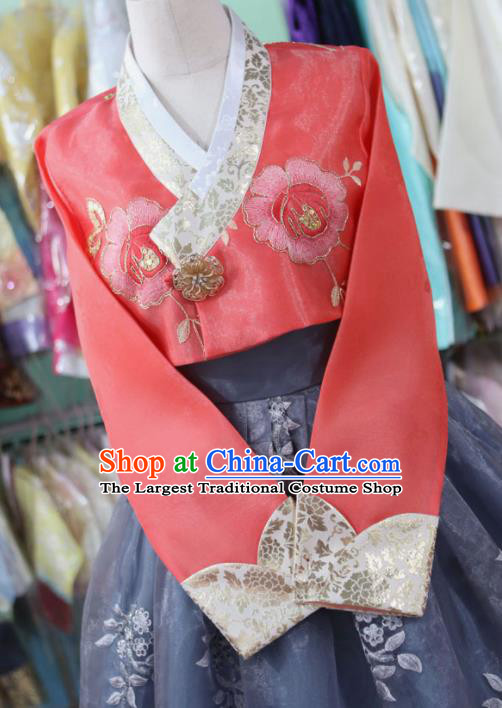 Korean Traditional Garment Bride Hanbok Red Blouse and Navy Dress Outfits Asian Korea Fashion Costume for Women