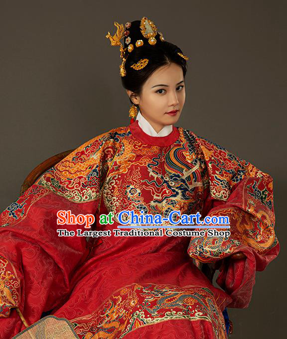 Traditional Chinese Ming Dynasty Royal Queen Red Embroidered Dress Ancient Court Empress Costumes for Women