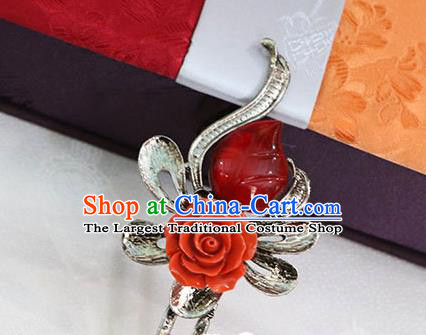 Korean Traditional Wedding Bride Rose Red Gem Hairpins Asian Korea Hanbok Hair Accessories for Women