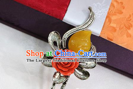 Korean Traditional Wedding Bride Rose Yellow Gem Hairpins Asian Korea Hanbok Hair Accessories for Women