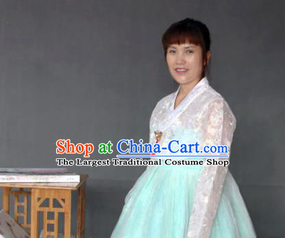 Korean Traditional Garment Bride Mother Hanbok White Blouse and Blue Dress Asian Korea Fashion Costume for Women