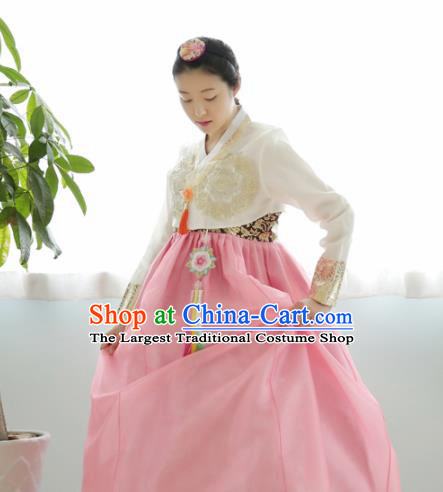 Korean Traditional Hanbok Garment Embroidered White Blouse and Pink Dress Asian Korea Fashion Costume for Women