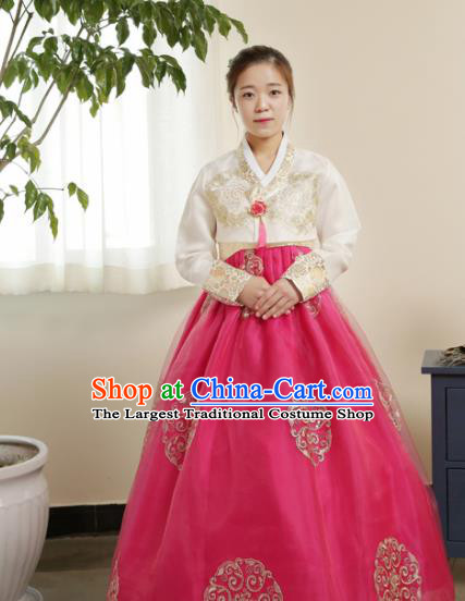 Korean Traditional Hanbok Garment White Blouse and Rosy Dress Asian Korea Fashion Costume for Women