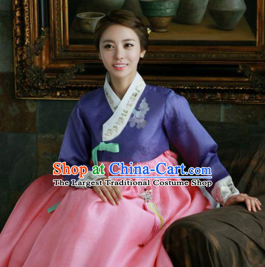 Korean Traditional Hanbok Garment Purple Blouse and Pink Dress Asian Korea Fashion Costume for Women