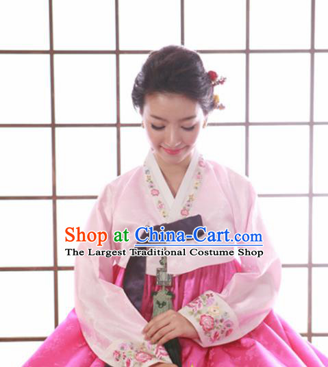 Korean Traditional Mother Hanbok Garment Light Pink Satin Blouse and Dress Asian Korea Fashion Costume for Women
