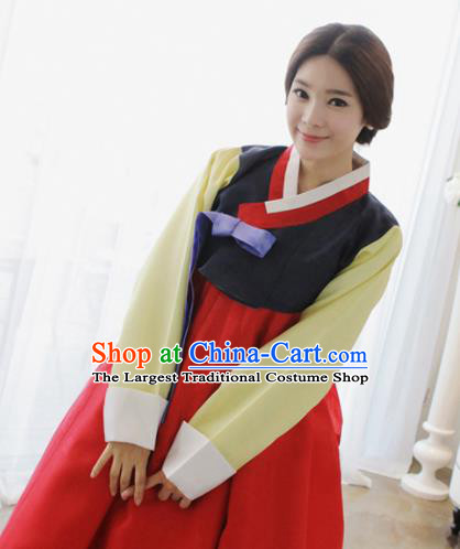 Korean Traditional Mother Hanbok Garment Black Satin Blouse and Red Dress Asian Korea Fashion Costume for Women