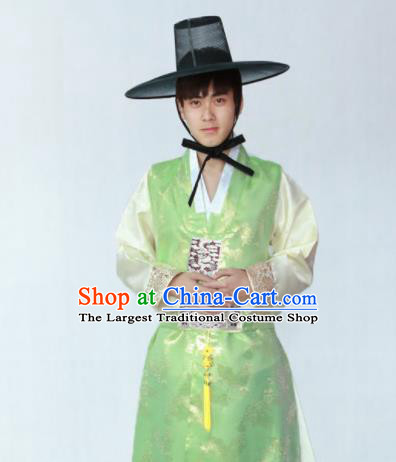 Korean Traditional Green Silk Long Vest Hanbok Asian Korea Bridegroom Fashion Costume for Men