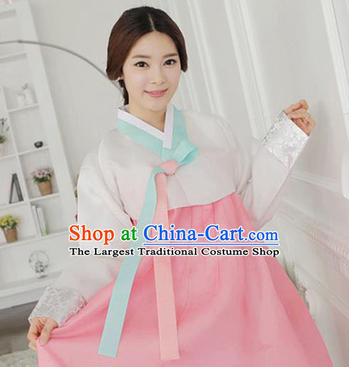 Korean Traditional Hanbok Garment White Blouse and Pink Dress Asian Korea Fashion Costume for Women