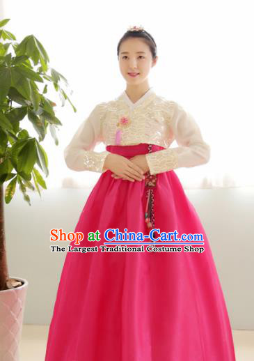 Korean Traditional Court Hanbok Garment Beige Blouse and Rosy Dress Asian Korea Fashion Costume for Women