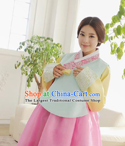 Korean Traditional Hanbok Garment Light Blue Blouse and Pink Dress Asian Korea Fashion Costume for Women