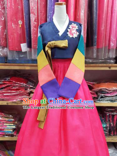 Korean Traditional Bride Mother Hanbok Embroidered Navy Blouse and Rosy Dress Garment Asian Korea Fashion Costume for Women