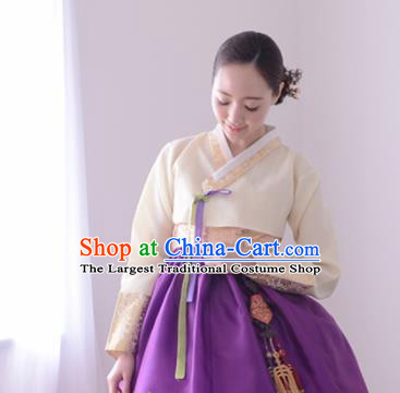 Korean Traditional Bride Hanbok White Blouse and Purple Dress Garment Asian Korea Fashion Costume for Women