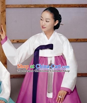 Korean Traditional Bride Mother Hanbok White Blouse and Rosy Dress Garment Asian Korea Fashion Costume for Women