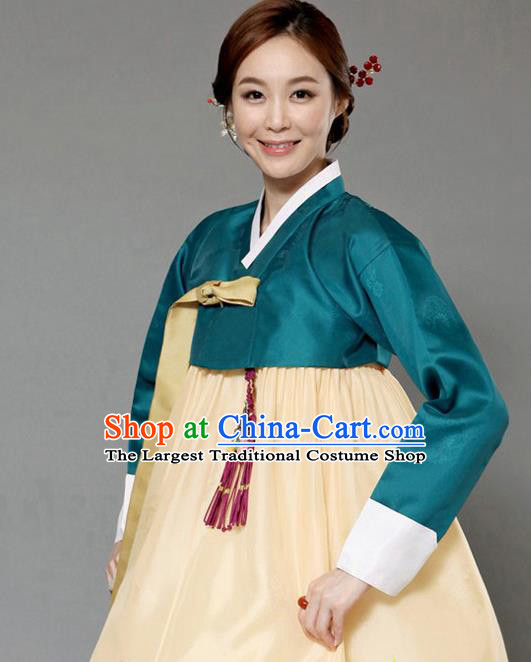 Korean Traditional Bride Hanbok Deep Green Blouse and Yellow Dress Garment Asian Korea Fashion Costume for Women