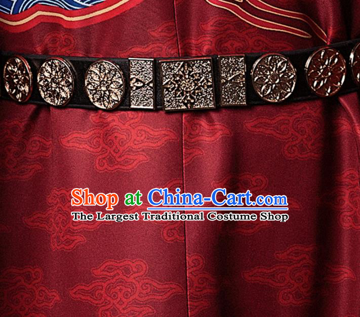 Chinese Traditional Ming Dynasty Swordsman Black Leather Belts Ancient Imperial Bodyguard Waistband for Men