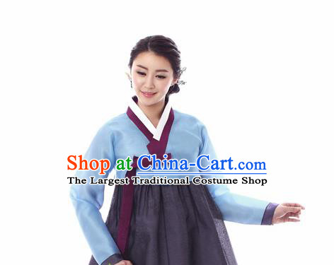 Korean Traditional Bride Court Hanbok Blue Blouse and Deep Grey Dress Garment Asian Korea Fashion Costume for Women