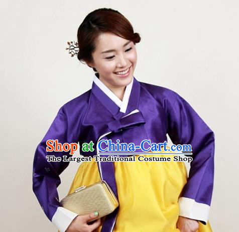 Korean Traditional Bride Mother Hanbok Purple Satin Blouse and Yellow Dress Garment Asian Korea Fashion Costume for Women