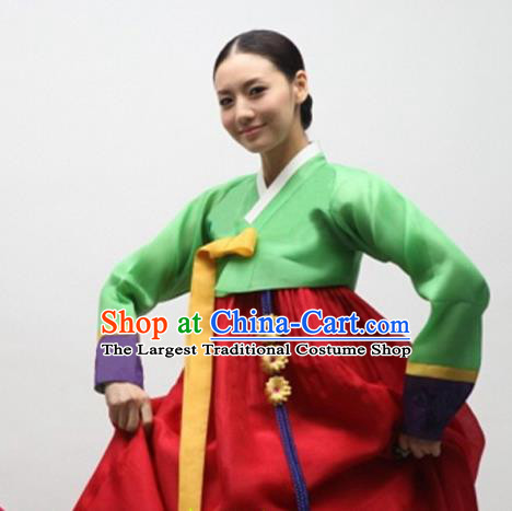 Korean Traditional Bride Mother Hanbok Green Satin Blouse and Red Dress Garment Asian Korea Fashion Costume for Women