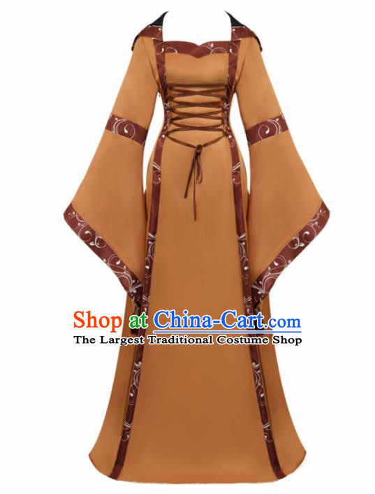 Western Halloween Cosplay Princess Khaki Dress European Traditional Middle Ages Court Costume for Women