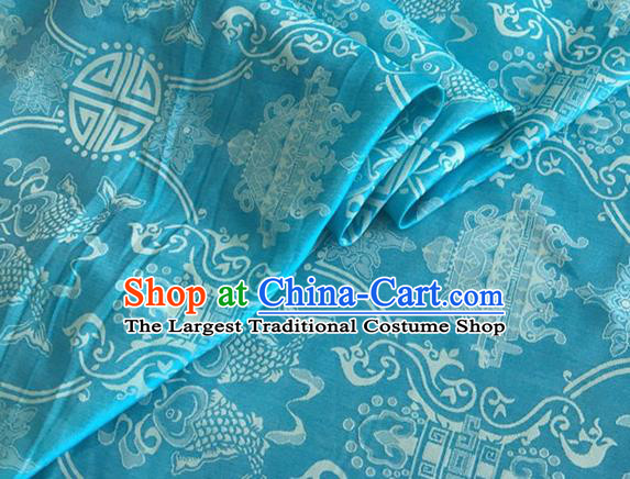 Asian Chinese Classical Double Fish Pattern Design Blue Silk Fabric Traditional Cheongsam Material