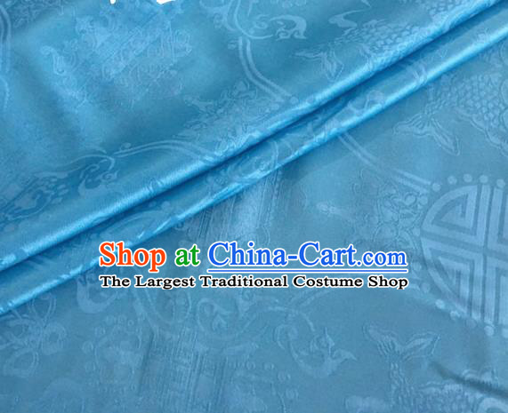 Asian Chinese Classical Double Fish Pattern Design Light Blue Silk Fabric Traditional Cheongsam Material