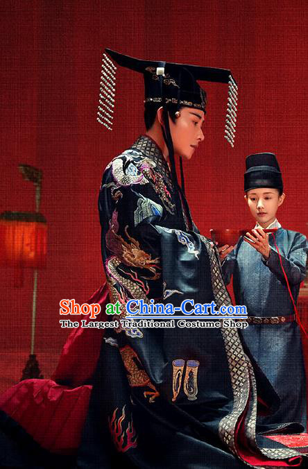 Traditional Chinese Ancient Crown Prince Wedding Clothing Drama Royal Nirvana Song Dynasty Xiao Dingquan Costumes and Hat for Men