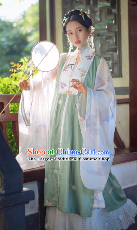 Chinese Traditional Hanfu Green Long Vest Ancient Ming Dynasty Princess Costume for Women