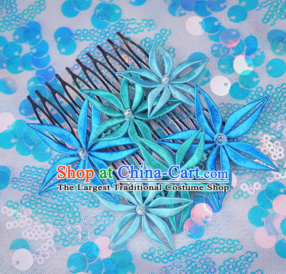 Chinese Traditional Blue Flowers Hair Comb Handmade Hanfu Hair Accessories for Women