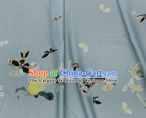 Asian Chinese Classical Printing Butterfly Pattern Design Blue Silk Fabric Traditional Hanfu Brocade Material