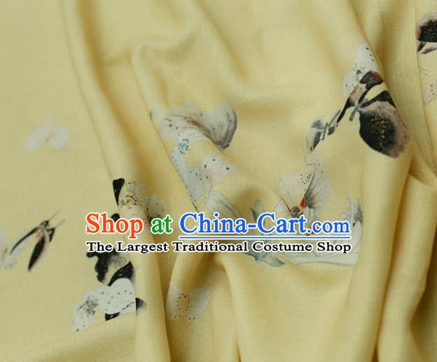 Asian Chinese Classical Printing Butterfly Pattern Design Yellow Silk Fabric Traditional Hanfu Brocade Material