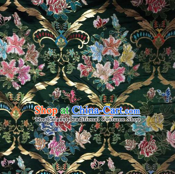 Asian Chinese Classical Peony Lily Flowers Pattern Design Green Silk Fabric Traditional Nanjing Brocade Material