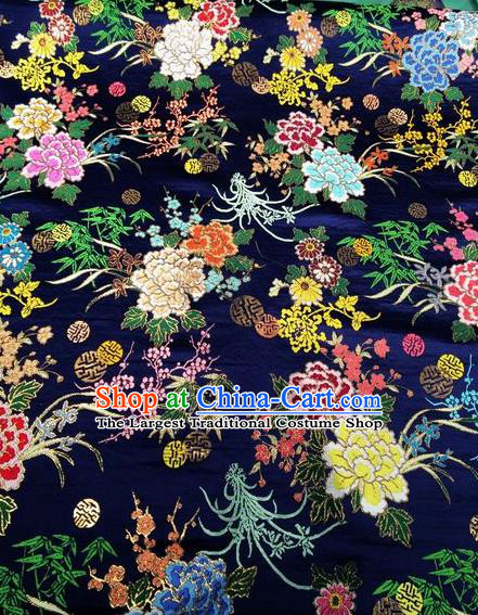 Asian Chinese Classical Peony Plum Orchid Pattern Design Navy Silk Fabric Traditional Nanjing Brocade Material