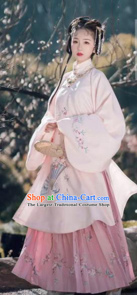 Traditional Chinese Ancient Nobility Lady Pink Embroidered Dress Ming Dynasty Palace Princess Costumes for Women