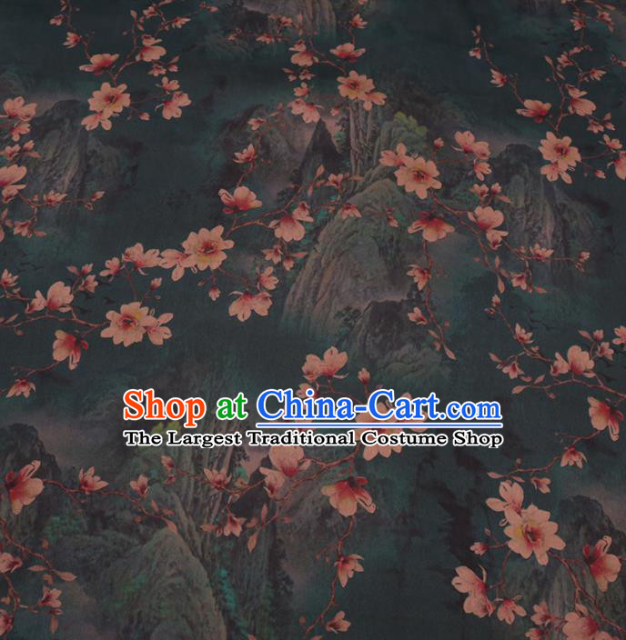 Asian Chinese Classical Yulan Magnolia Pattern Design Atrovirens Watered Gauze Fabric Traditional Silk Material