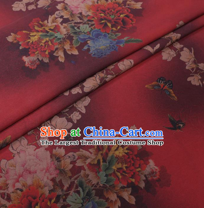 Asian Chinese Classical Peony Butterfly Pattern Design Dark Red Watered Gauze Fabric Traditional Silk Material