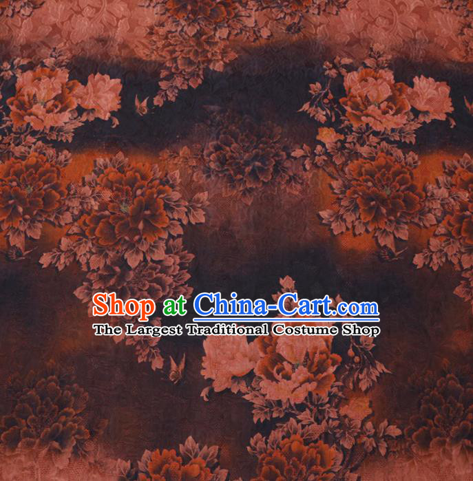 Asian Chinese Classical Peony Pattern Design Brown Watered Gauze Fabric Traditional Silk Material