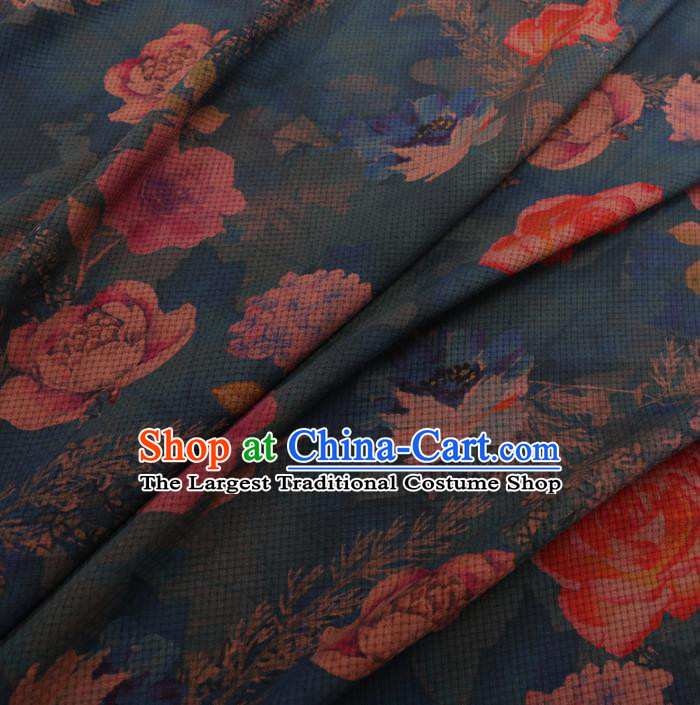 Chinese Cheongsam Classical Roses Pattern Design Blue Watered Gauze Fabric Asian Traditional Silk Material