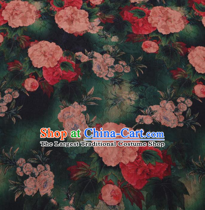 Chinese Cheongsam Classical Peony Pattern Design Deep Green Watered Gauze Fabric Asian Traditional Silk Material