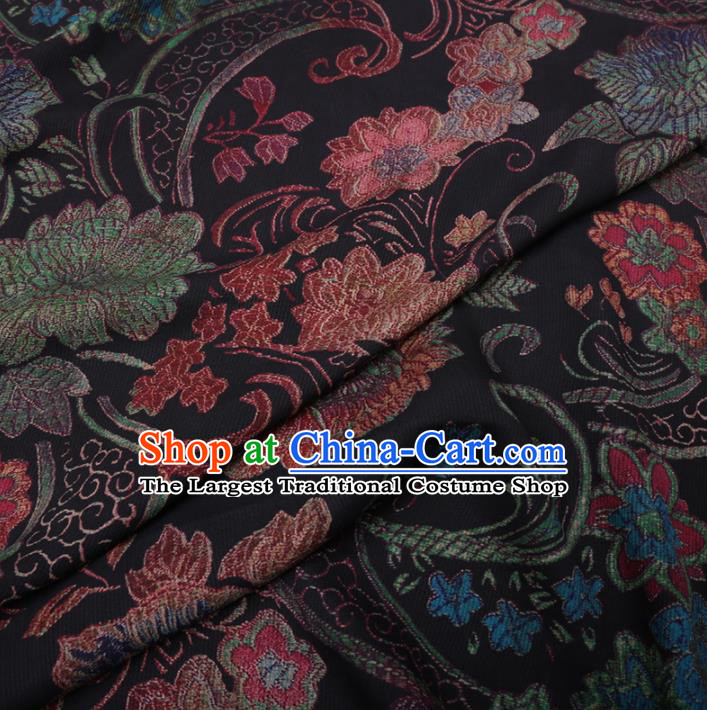 Chinese Cheongsam Classical Flowers Pattern Design Black Watered Gauze Fabric Asian Traditional Silk Material