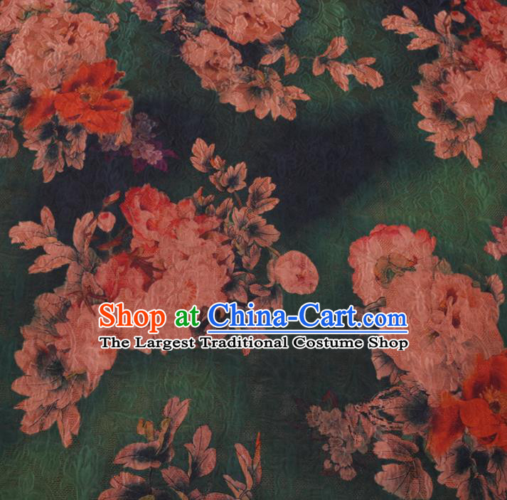 Asian Chinese Classical Peony Pattern Design Deep Green Watered Gauze Fabric Traditional Silk Material