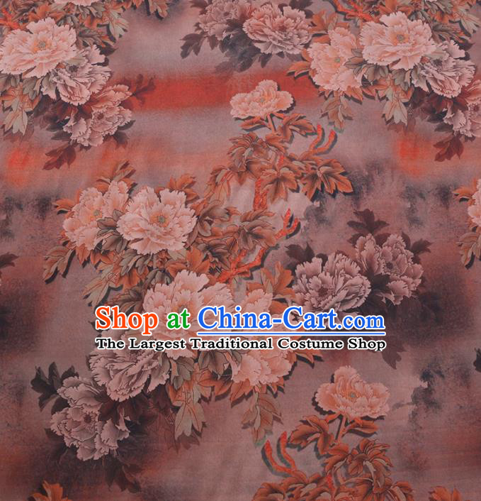 Chinese Cheongsam Classical Peony Pattern Design Khaki Watered Gauze Fabric Asian Traditional Silk Material