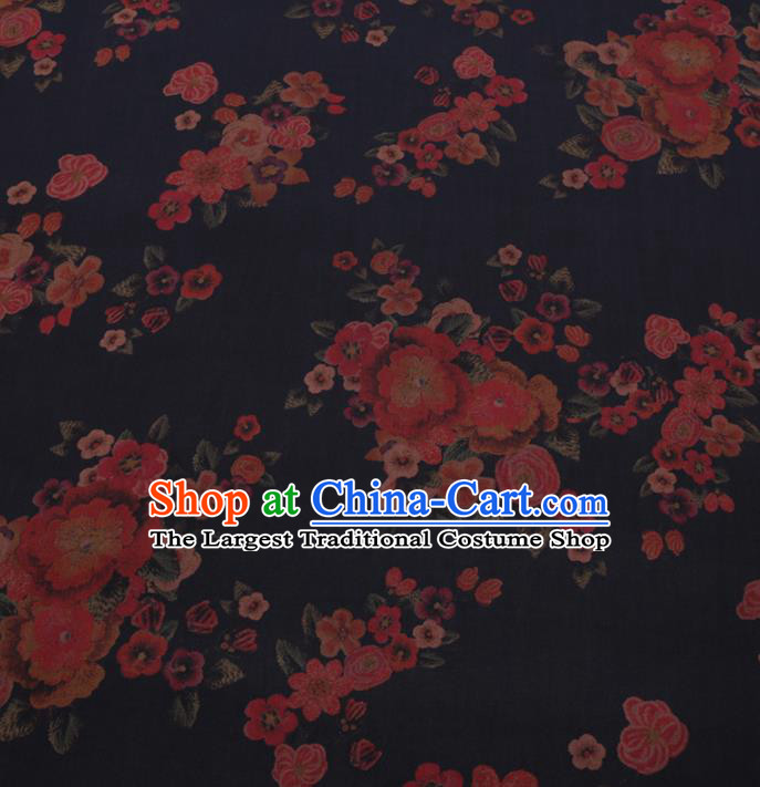 Chinese Cheongsam Classical Flowers Pattern Design Deep Blue Watered Gauze Fabric Asian Traditional Silk Material