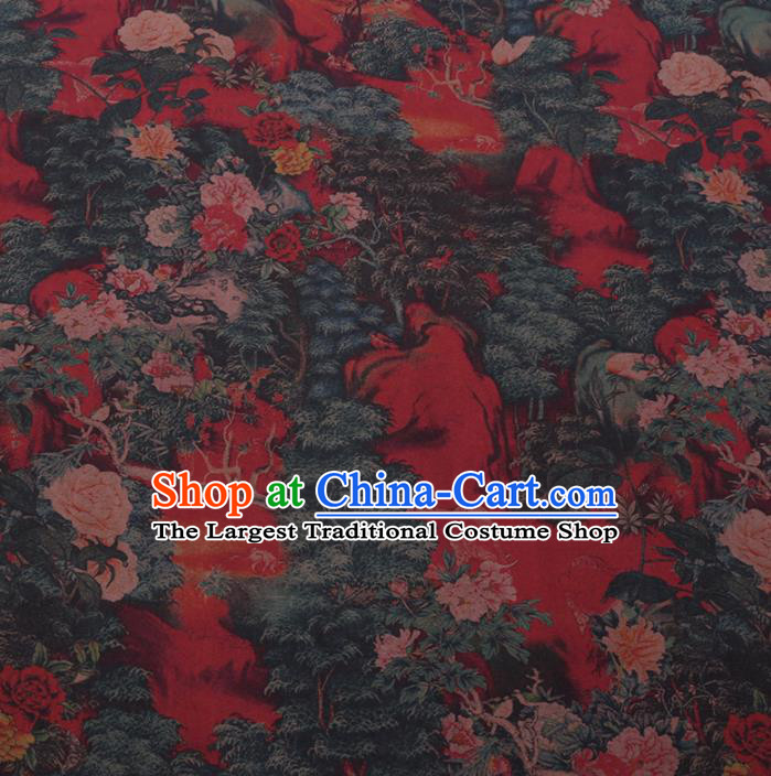 Chinese Cheongsam Classical Peony Tree Pattern Design Red Watered Gauze Fabric Asian Traditional Silk Material