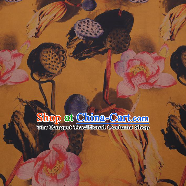 Chinese Cheongsam Classical Lotus Pattern Design Yellow Watered Gauze Fabric Asian Traditional Silk Material