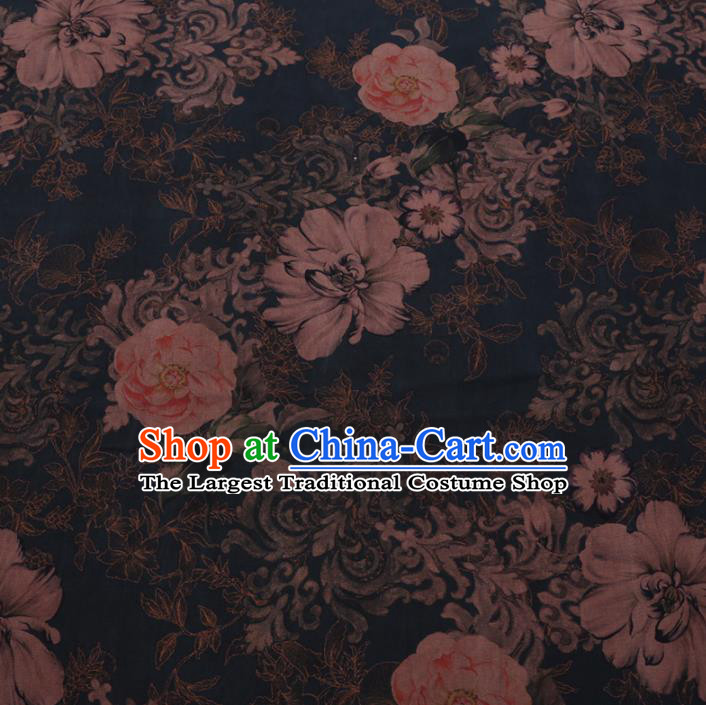 Chinese Cheongsam Classical Camellia Pattern Design Navy Watered Gauze Fabric Asian Traditional Silk Material